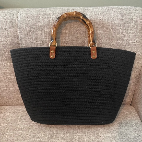 Woven Tote Handbag with Bamboo Resin Handles - Picture 2 of 6